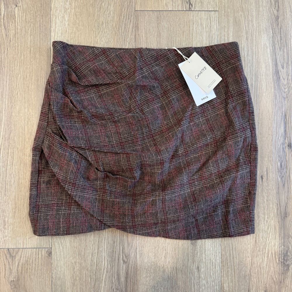 Mango MNG Gina Plaid Wool Blend Draped Tulip Mini Skirt Brown Size Medium NWT